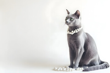 Elegant grey Russian Blue cat sitting with dignified posture on a white background, radiating calm and confidence.