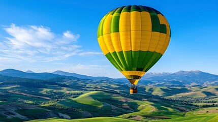 Fototapeta premium Vivid Hot Air Balloon Floating Over Scenic Green Hills and Fields, Surrounded by Clear Blue Skies and Distant Mountain Ranges, Representing Freedom, Adventure, and Natural Beauty