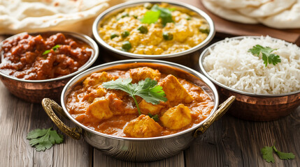 Aromatic Indian Feast: A tantalizing spread of traditional Indian cuisine, featuring a vibrant chicken curry, creamy paneer dish, fluffy rice, and soft naan bread.