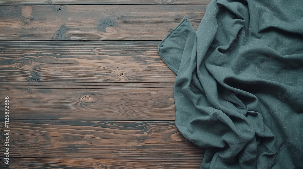 Poster rustic elegance: a top-down view of a dark green cloth draped on a rustic wooden surface provides a 