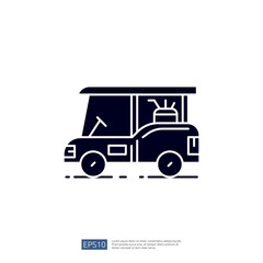 A simple graphic illustration of a food truck, showcasing its side view with a serving window and wheels, symbolizing mobile food services.