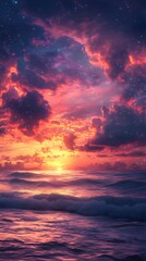 Fototapeta premium A vibrant sunset over the ocean, with colorful clouds reflecting on the water's surface.