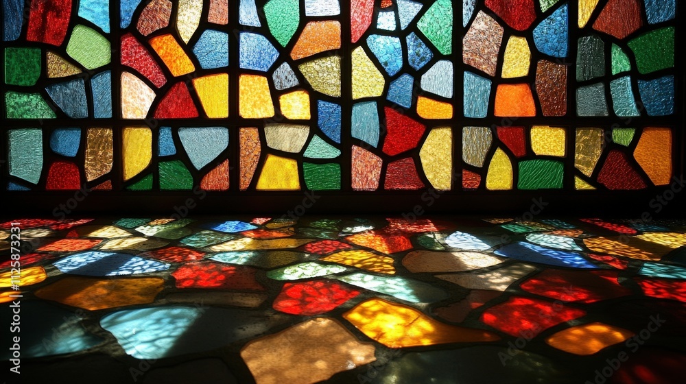 Poster vibrant stained glass window design casting colorful reflections on floor with abstract shapes and p