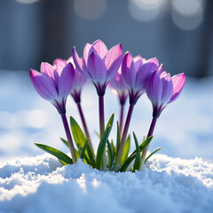 Fototapeta premium A group of purple flowers sitting on top of snow covered ground. This image can be used to depict the beauty of nature in winter