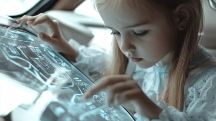 Little girl interacting with a bright holographic interface on a futuristic desk