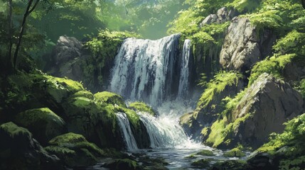 Obraz premium Serene Waterfall in Lush Forest