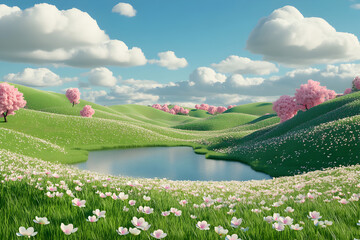 3d render, green hills with small lake and some flowers in the foreground, sky blue background, clouds, sunny day, springtime, colorful scene, pink trees, green grass, fantasy, cute, vibrant colors, u