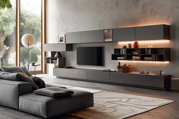 Contemporary modern living room with a modular gray sofa, textured area rug, and a floating entertainment unit with built-in LED lighting. interior design concept 