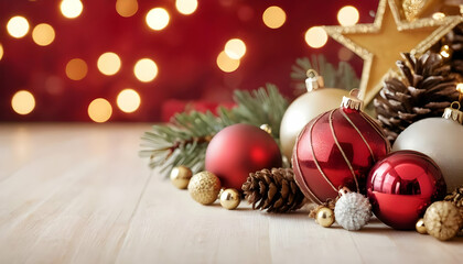 Christmas decoration. An elegant and festive Christmas decoration scene featuring a mix of classic holiday ornaments like baubles, stars, and pinecones, accented with golden tinsel and twinkling light