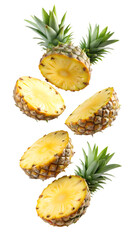 flying pineapple fruit and half slices isolated on transparent white background, clipping path