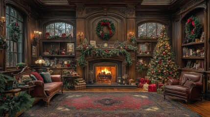 Obraz premium Festive Christmas library with fireplace, decorated tree, and antique furniture.
