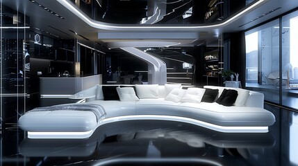 Futuristic modern living room with a curved white sofa, glossy black flooring, and LED-lit furniture for a sleek and high-tech atmosphere. interior design 