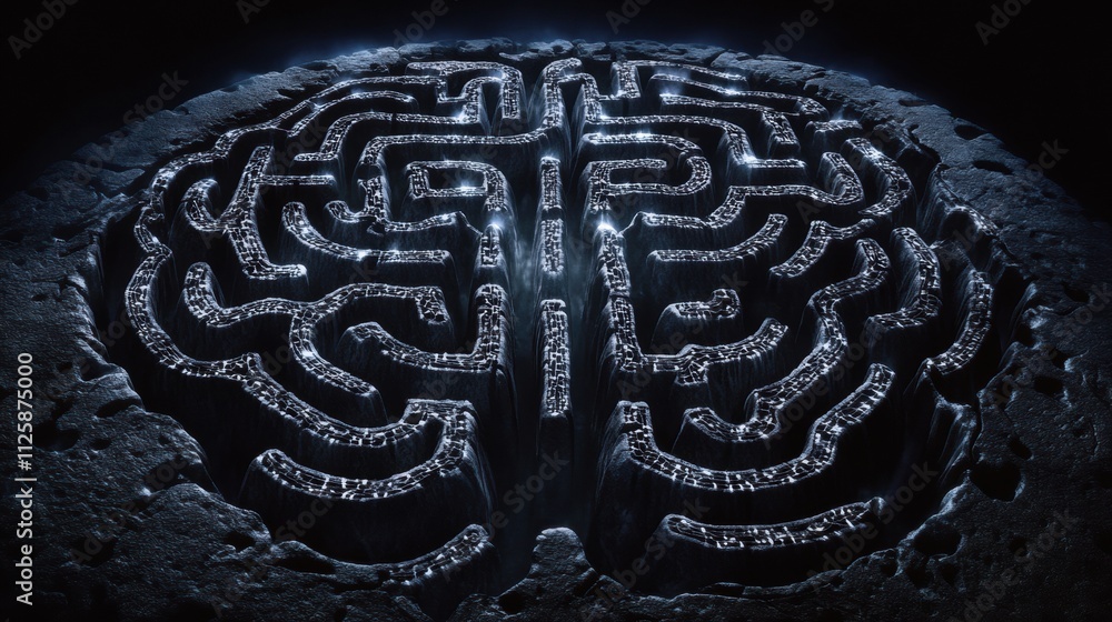 Aufkleber intricate labyrinth carved into a brain shape reveals complex pathways of human cognition against a 