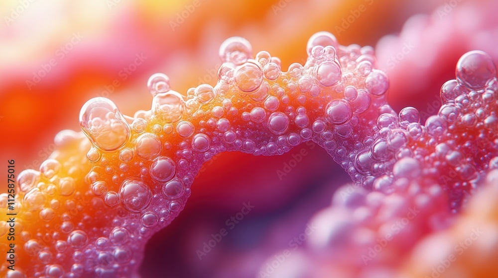 Poster close-up view of colorful bubbles on soft textured surface with vibrant orange and pink gradients ca
