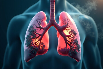 Clean lungs with trees and nature inside and smoke over them , clean, lungs, trees, nature, smoke, air, pollution, healthy