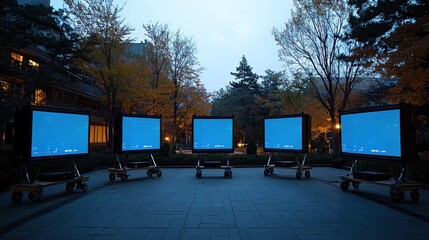 Five blank digital screens on wheeled stands outdoors at dusk.