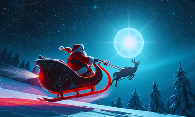 Santa Claus zooms through the winter sky on a vintage snowmobile, a festive illustration for winter sports