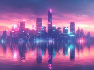Fototapeta premium A vibrant city skyline at dusk, reflecting colorful lights on water.