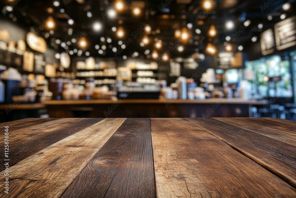 Poster rustic wooden table in front of a blurred coffee shop background.