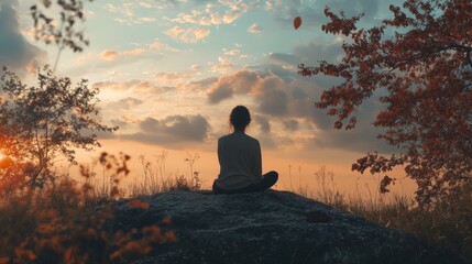 Fototapeta premium A person sits on a rock, gazing into the horizon. The setting sun shines through the trees, creating a peaceful and meditative atmosphere.