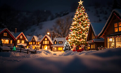 A festive winter scene with a brightly lit Christmas tree in a snowy village