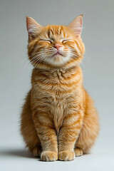 Fototapeta premium A happy orange cat with closed eyes sitting serenely.