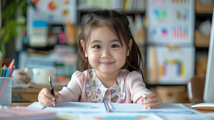 A smiling young girl diligently works on her homework at her desk.