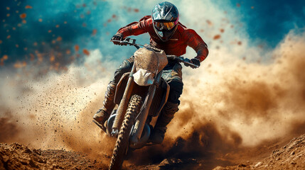 A motocross rider speeds through a dusty track, showcasing skill.