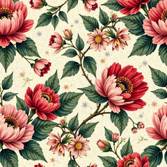 Toile floral pattern tapestry. Vintage botanical wallpaper pattern. Background image.