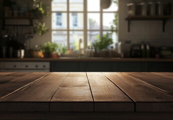 Dark brown wooden table in front of blurred kitchen background.