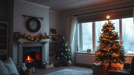 A cozy living room with a crackling fireplace, a beautifully decorated Christmas tree, and warm holiday lights