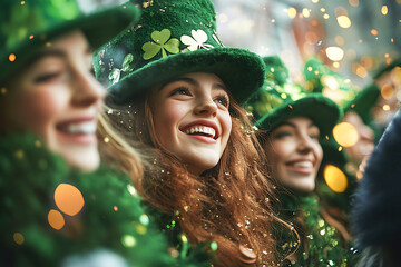 Cheerful women wearing green hats enjoying saint patrick's day festivities, surrounded by golden confetti