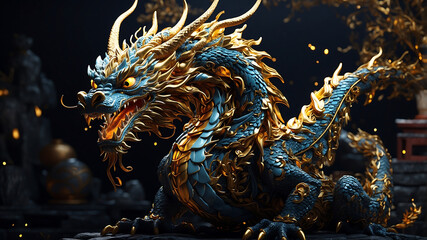 Fototapeta premium Majestic Golden Dragon Sculpture with Intricate Details