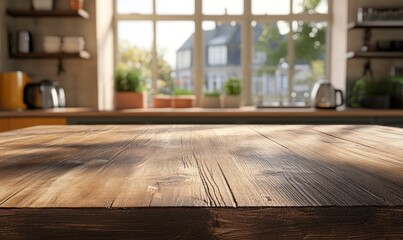 Rustic wooden table in a sunny kitchen with blurred background.
