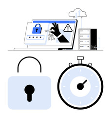 Laptop with malware warning hand holding keys cloud storage. Ideal for cybersecurity, hacking, data protection, access control, online safety, cyber threats, remote access. Line metaphor