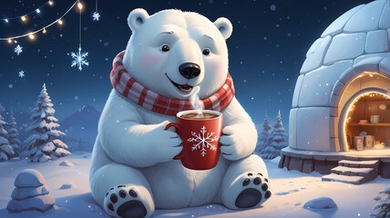 Cute Cartoon Polar Bear Sledding Through Snowy Winter Wonderland