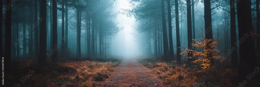 Fototapete a tranquil pathway meanders through a dense forest, enveloped by fog and soft light, inviting explor