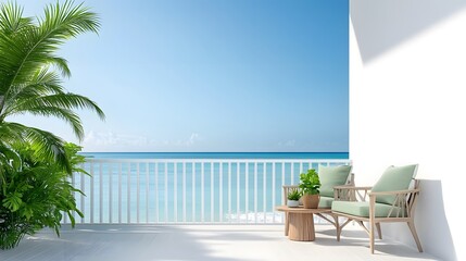 Relaxing minimalist balcony with pastel green furniture overlooking the ocean coastal vibes photography bright and airy atmosphere
