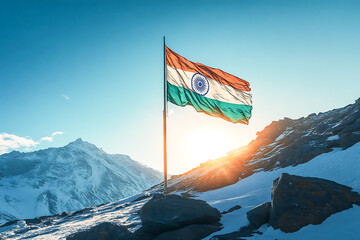 Indian flag waving in the wind on a snowy mountain peak at sunset, celebrating national pride and achievement