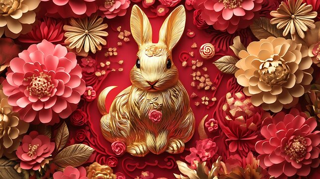 Golden rabbit surrounded by red and gold paper flowers. - Powered by Adobe