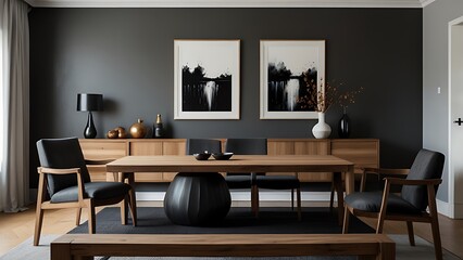 Stylish dining room interior with design wooden family table, black chairs, teapot with mug, mock up art paintings on the wall and elegant accessories ... 