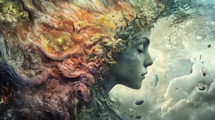 Abstract surreal portrait of a woman in a colorful dreamscape.