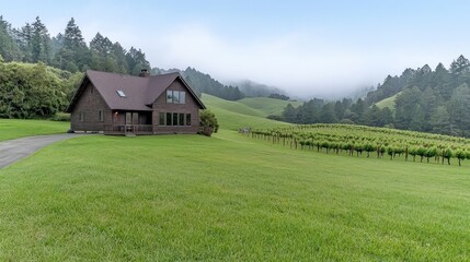 Obraz premium Rustic Vineyard House Rolling Hills Green Landscape Peaceful Countryside Home