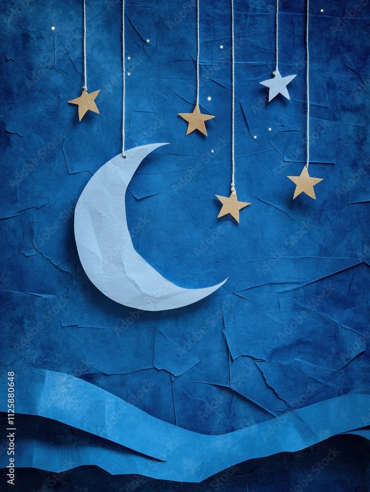 Poster a charming holiday night setting features a crafted moon and twinkling stars hanging from strings, e