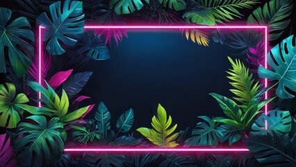Pink neon frame with bright tropical leaves and copy space. Design template with palm and tropical leaves for disco party