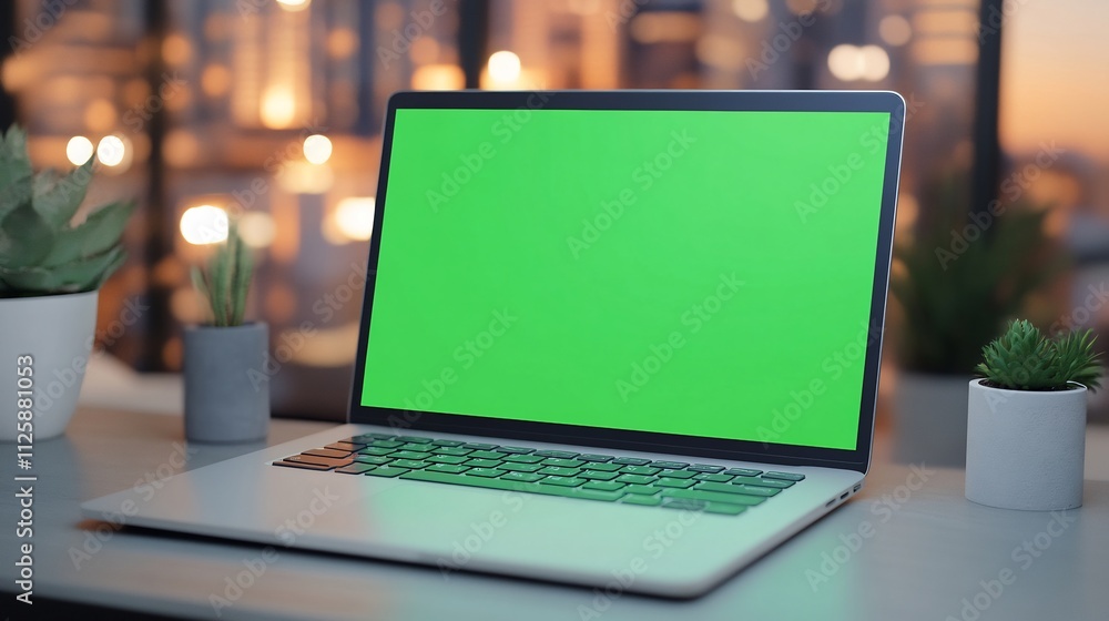 Poster laptop computer with chroma key display on modern office desk