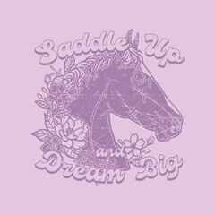HAND DRAWN HORSE HEAD ANIMAL COWGIRL COWBOY WESTERN EQUESTRIAN FUN GIRLY EMPOWERING POSITIVE FLORAL FLOWERS VINTAGE TSHIRT TEE PRINT FOR APPAREL MERCHANDISE