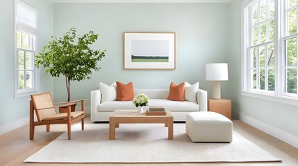 Bright living room design with pale green walls cozy seating and natural light modern home environment interior decor concept