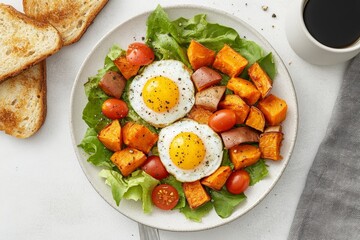 Roasted sweet potato and fried egg breakfast salad.