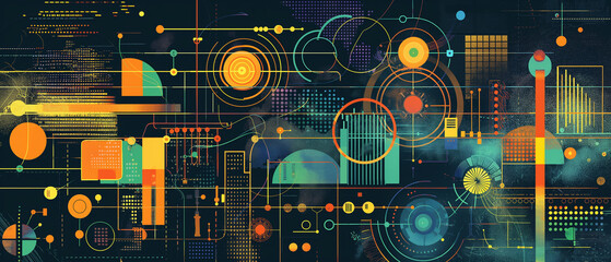 Vibrant Geometric Abstract Design with Technological and Futuristic Elements.